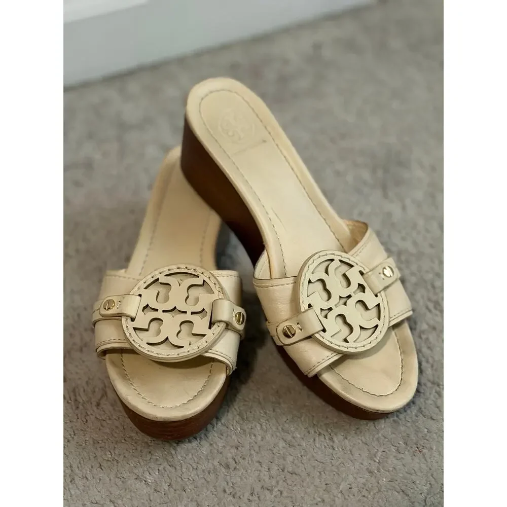 Tory Burch Miller Leather Laser Cut Logo Wedge Heel Slide Sandals Cream Size 8
